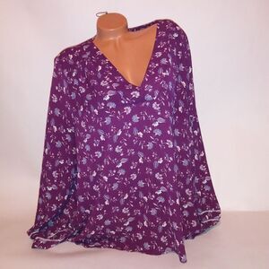 Marybelle Blouse Womens 3X Purple Floral Long‎ Sleeve V Neck
